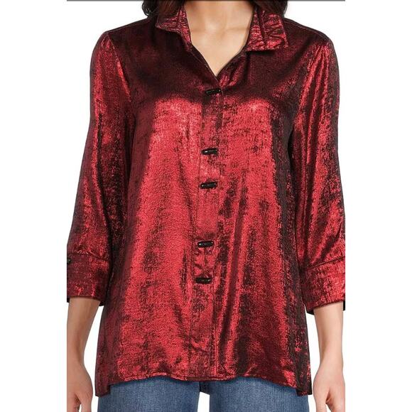 Ali Miles NWT red iridescent textured satin boutique tunic wired stand up collar - Picture 1 of 15